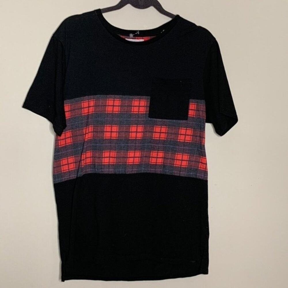 On The Byas Pocket‎ Tee Mens Large Black Red Plaid Colorblock Short Sleeve Shirt